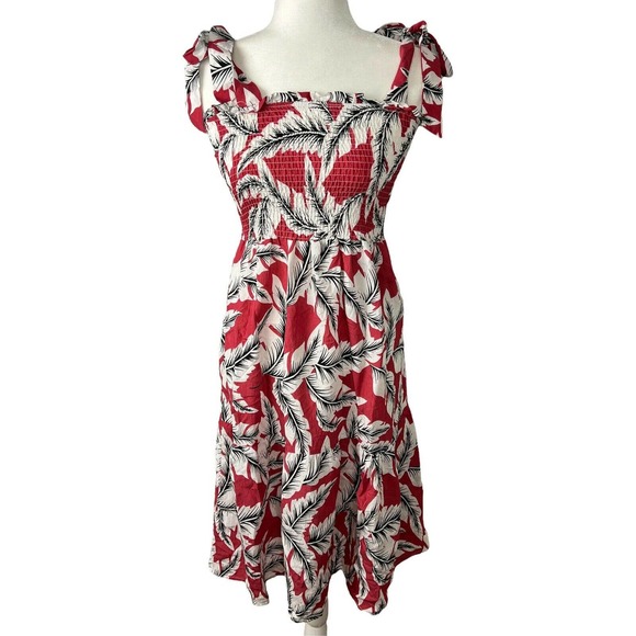 Daisy May Dresses & Skirts - Daisy May Sz S Red Black White Leaf Print Smocked Bust Tiered Tie Midi Dress